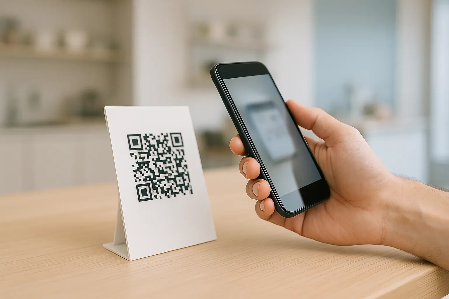 Покупець сканує телефоном платіжний QR-код на табличці біля каси